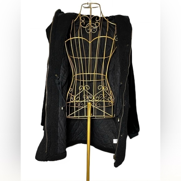 NEW Eden Society Sherpa Black Coat, Faux Fur Sleeves & Hood, Zipper, Pockets, M - Picture 9 of 16